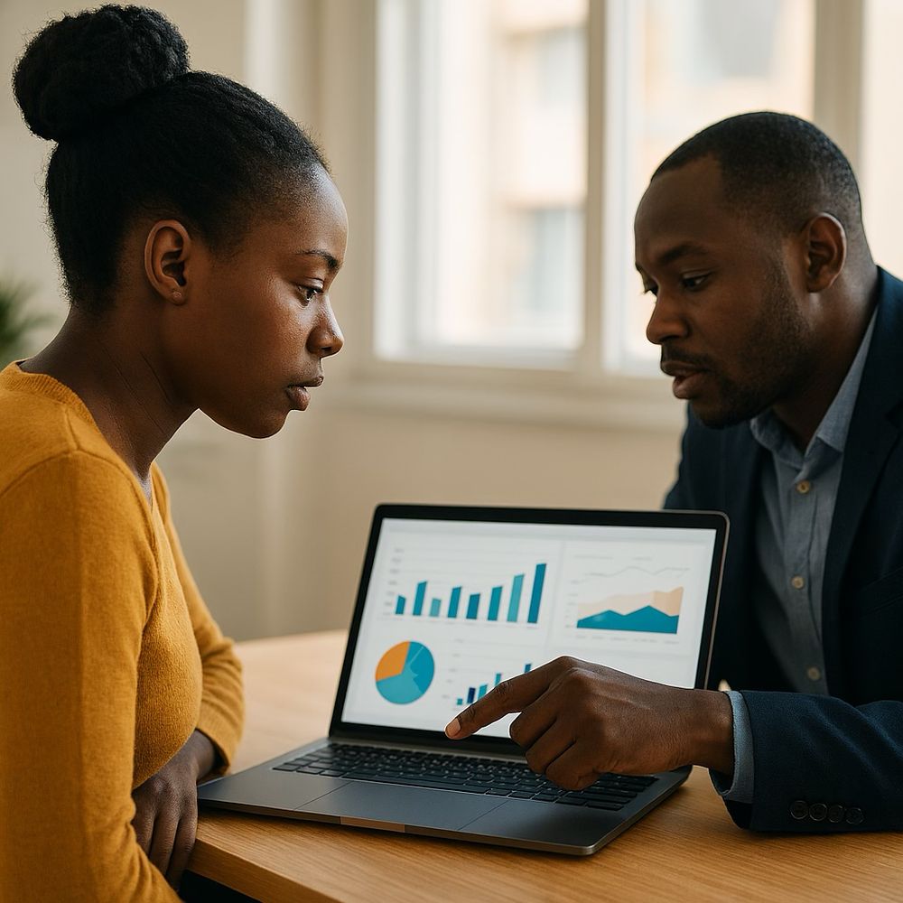 Deux collègues regardant des graphiques sur un ordinateur portable (image d'illustration)